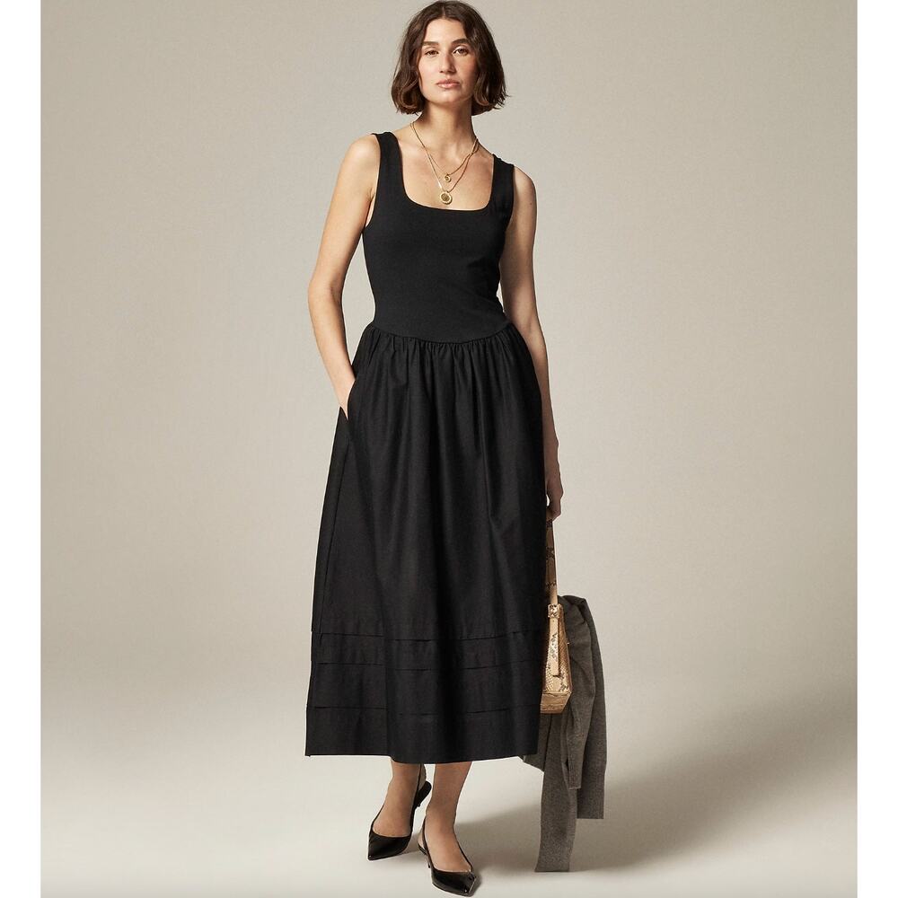 J.Crew Drop Waist Mixy Dress Midi Cotton A Line Retro Minimalist Black XXS NWT